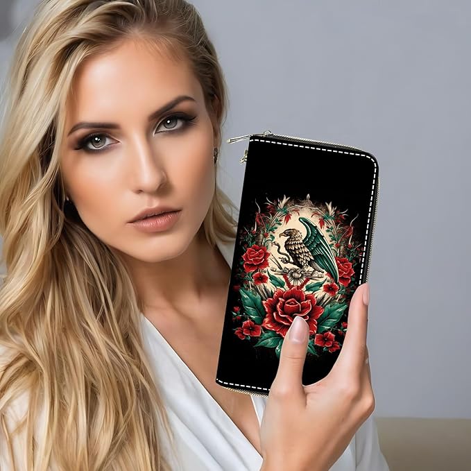 Mexican Flag Mayan Aztec Totem Print Women Large Capacity PU Leather Zip Around Wallet, Multifunctional Clutch Purse for Cash/Card/Coin/Smart Phone