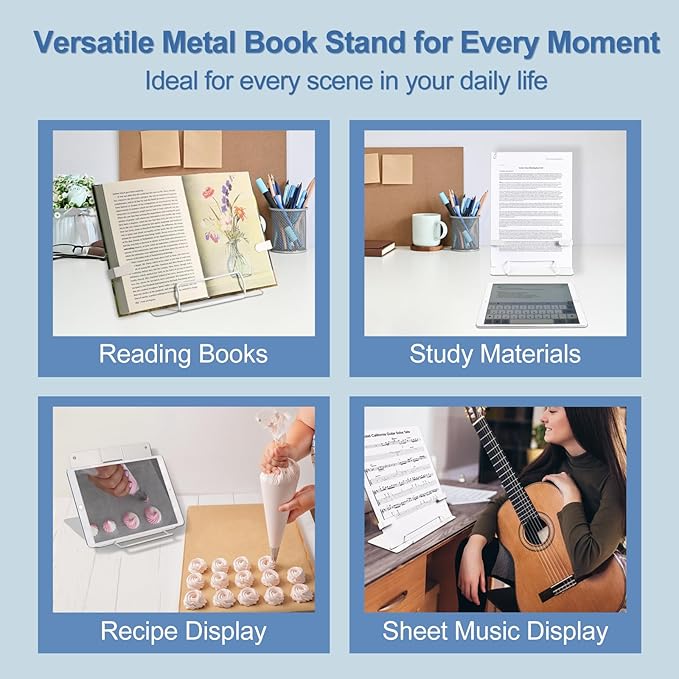 Metal Desk Book Stand for Reading with Adjustable Clips, Hands-Free Foldable Book Holder for Kids, Portable Document Stand for Desk, Display Stand for Recipes, Cookbooks, Tablets - White