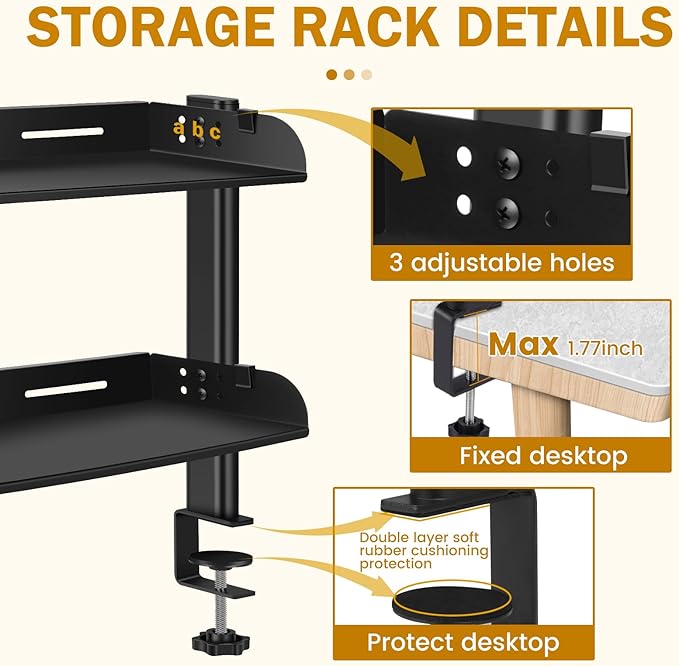 Clamp on Desk Shelf Organizer, 2-Tier Clamp on Desk Shelf, 17.32" Space Saving Table Mount Storage Rack with Cable Holes and Adjustable Trays for Home Office Accessories