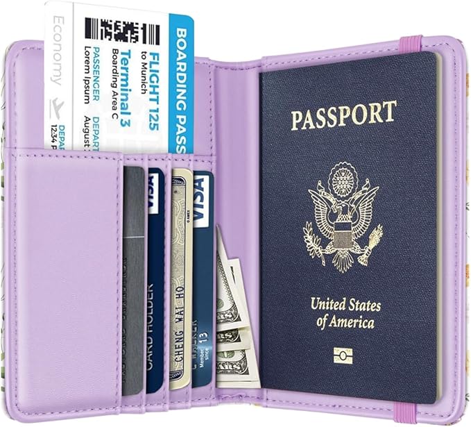 Passport Holder Cover, RFID Travel Wallet Credit Card Holder Green Cute Floral Passport Book Holders for Women with Elastic Band and Golden Metal Decoration, White Daisy