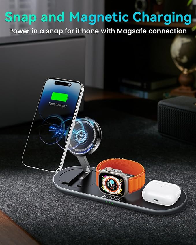 JARGOU 3 in 1 Charging Station for Apple with Magsafe Charger Stand with Apple Charging Station for iPhone 17 16e 16 15 14 13 12, for iWatch, for AirPods 2/3/4/Pro/Pro 2/Pro 3 Foldable