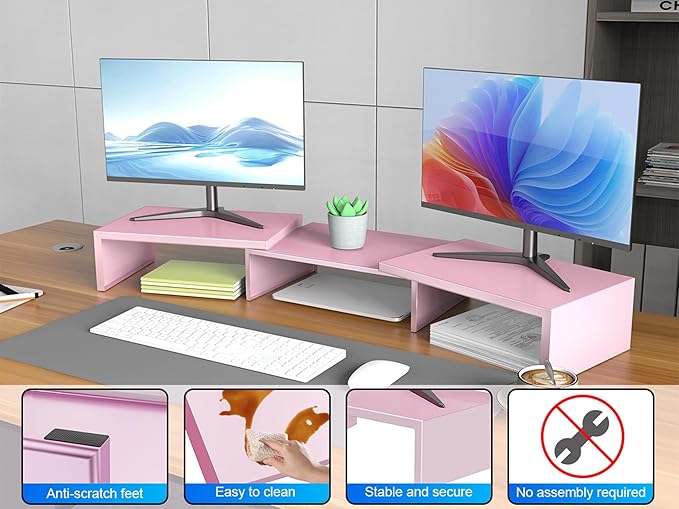 Desk Organizers and Accessories, Dual Monitor Stand Riser, Monitor Desk Shelf for Desktop Organization (Pink)