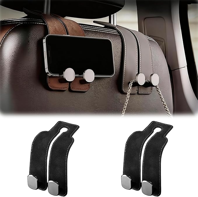 Car Headrest Hook 2 Pack, Universal Car Purse Holder for Back of Seat, Heavy Duty Leather Car Seat Hooks with Dual Metal Hooks, for Handbag, Grocery Bags, Water Bottle, Phone (Black)