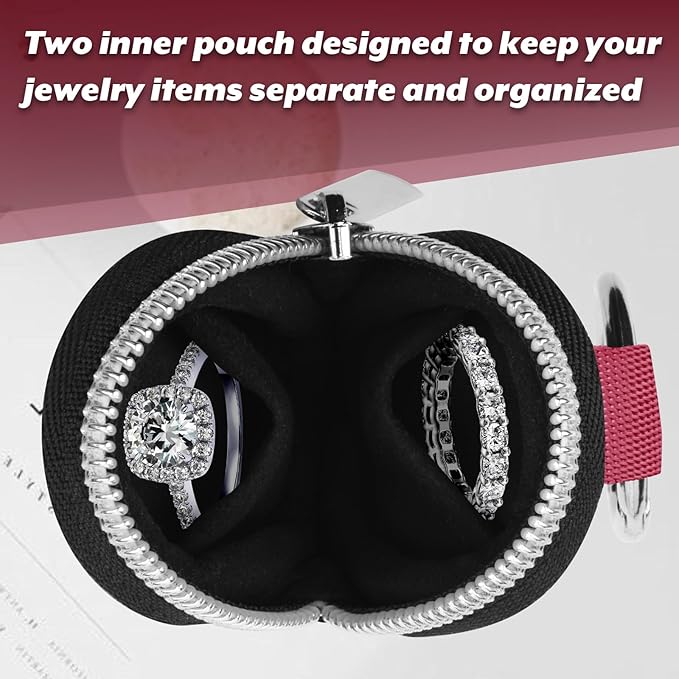 Portable Ring Organizer Case with Keychain, Traveling Ring Holder Storage Bag, Anti-Lost Keychain Container for Smart Rings, Jewelry (1, Burgundy)