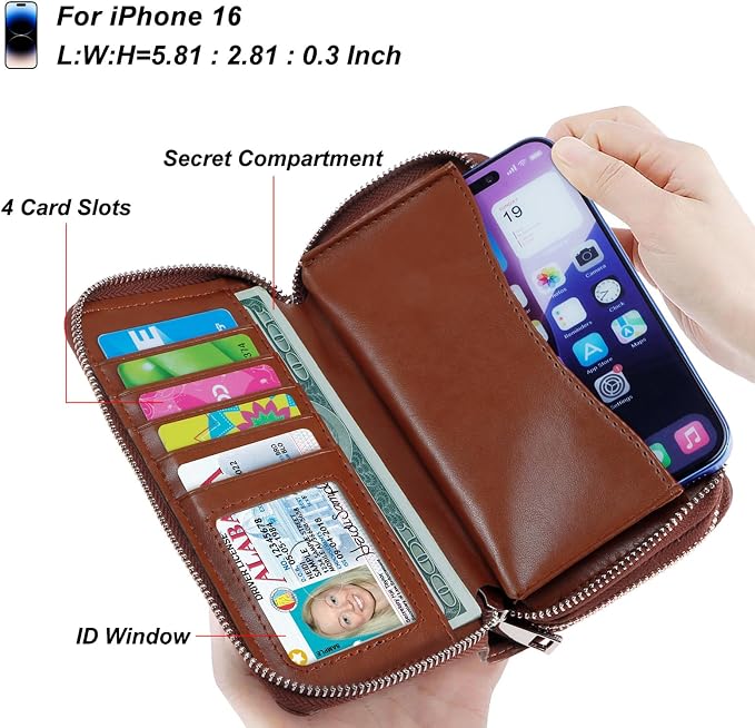 Cellphone Wallet for Women Dual Zipper Long Purse with Removable Wristlet
