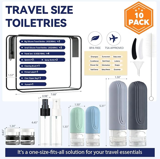 Travel Bottles for Toiletries 10 Pack, TSA Approved Travel Size Toiletries Essentials Containers Set, Leak Proof Silicone Bottles Kit, Refillable Liquid & Creams Accessories (GRAY)