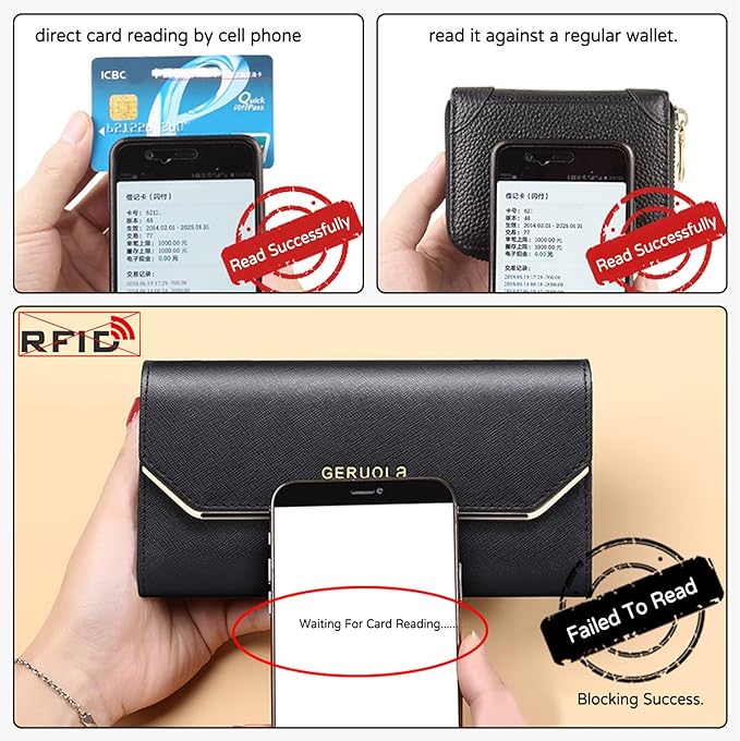 PORRASSO Wallet Women's Leather Purse Card Holder Organizer RFID Blocking Ladies Long Wallet Coin Purse Black
