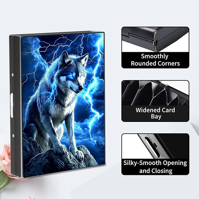 RFID Metal Wallet Credit Cards Holder Slim Mini Business Card Holder Metal ID Case Gift for Men Women,Blue Wolf Lightning