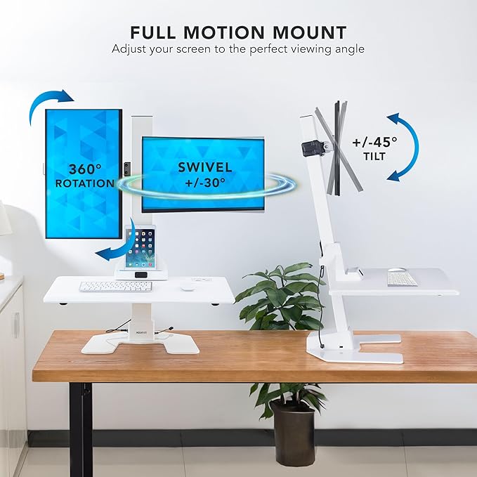 Mount-It! Electric Standing Desk Converter, Motorized Sit Stand Desk Riser with Dual Monitor Mounts, Adjustable Height Ergonomic Workstation with 28??Wide Platform and Tablet/Phone Slot, White