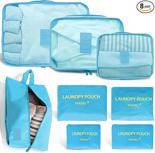 8 Set Packing Cubes for Travel Luggage Packing Bags Reusable Waterproof Suitcase Organizer Cubes Set with Shoe Bag and Toiletry Bag (Sky Blue)