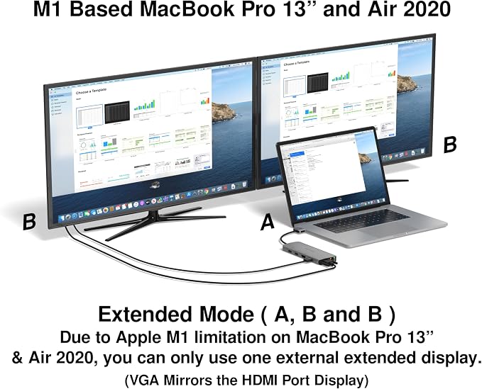 USB C Hub 13 in 2 with 2 HDMI 4K, VGA, 1GBS Ethernet, 2USB A 3.0 Ports, 2 USB A 2.0 Ports, SD/Mico SD and Audio Port for Work and Travel - for MacBook Pro & Air