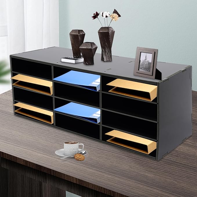 12-Slot Desktop Organizer, Minimalist Design Mailbox, File Sorter w/Top Platform for Hold Cables/Files/Keys, Desktop Bill Paper Organizer for Office & Home (Black, 12 Slot, Style 2)