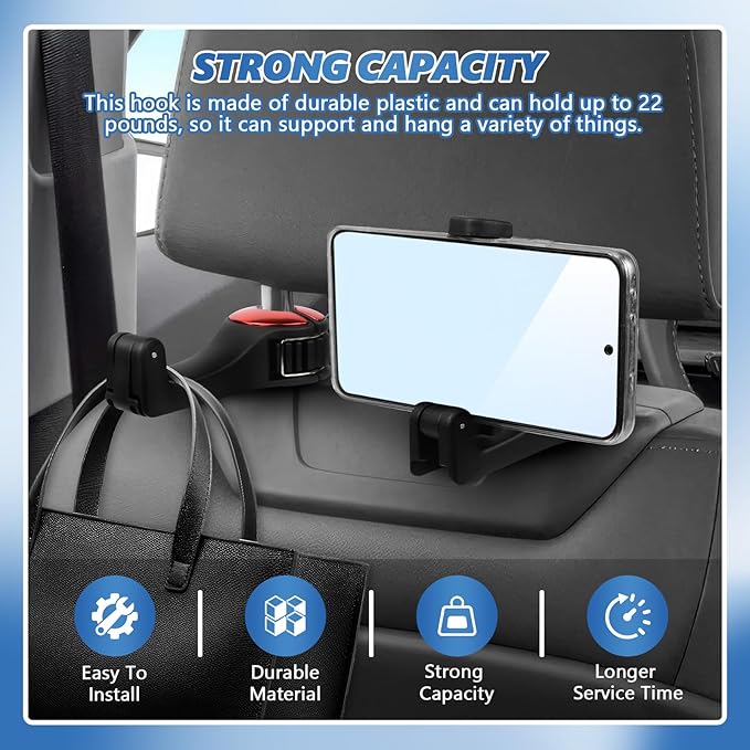2PCS Car Headrest Hidden Hook, 2 in 1 Car Seat Hook with Phone Holder, Auto Back Seat Hanging Hook for Handbag Clothes Grocery, Universal Vehicle Purse Hooks Holder Organizer (Red)