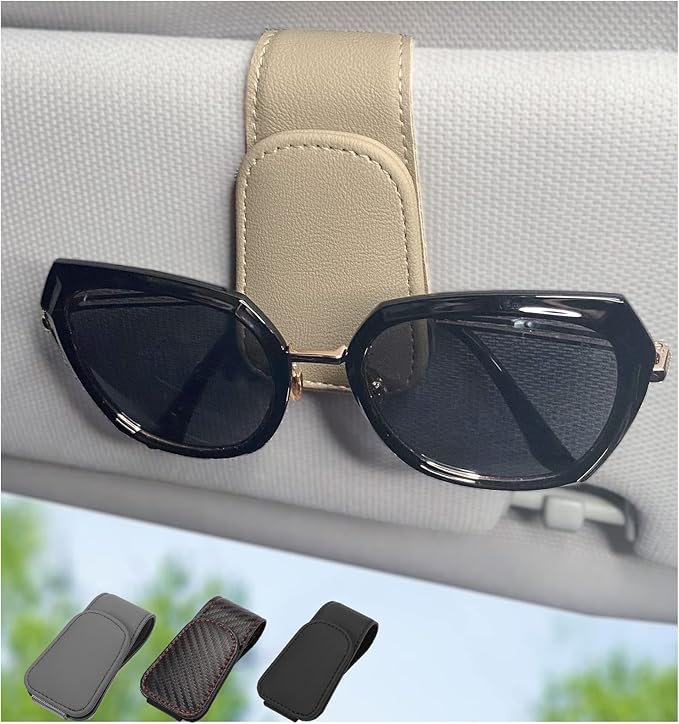CHOSMOYI Magnetic Leather Sunglass Holder for Car, Sunglasses Clip for Car Visor, Auto Interior Accessories Universal for Different Size Eyeglasses (Beige)