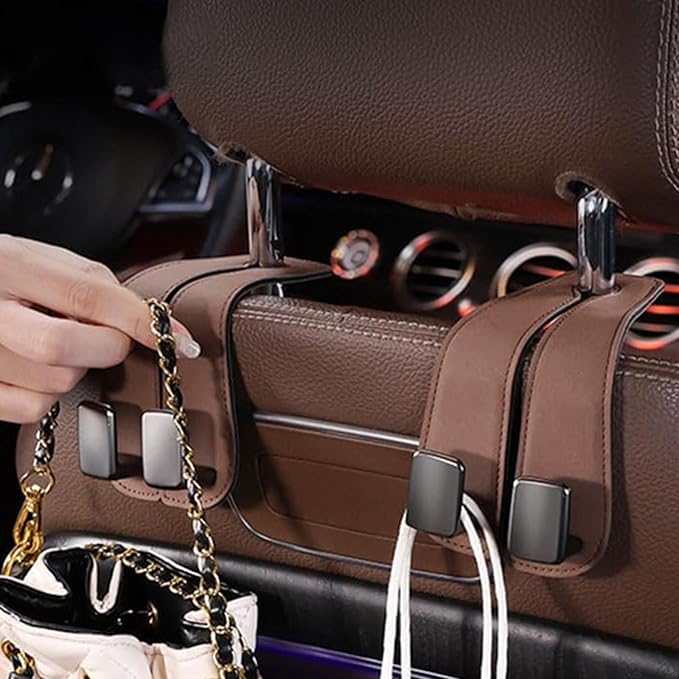 2 Pack Car Hooks for Headrest, Headrest Hooks Car Purse Hook Car Seat Back Storage Hook Premium Leather Car Seat Holder for Headrest Purses and Bags (Brown)