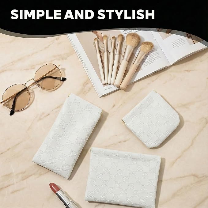 3Pcs Small Makeup Bag for Purse, Waterproof Portable Checkered Leather Makeup Pouch, Small Purse Pouches for Purse Small Coin Purse Organizer Pouches Snap Closure Pocket Cosmetic Bag for Women (White)