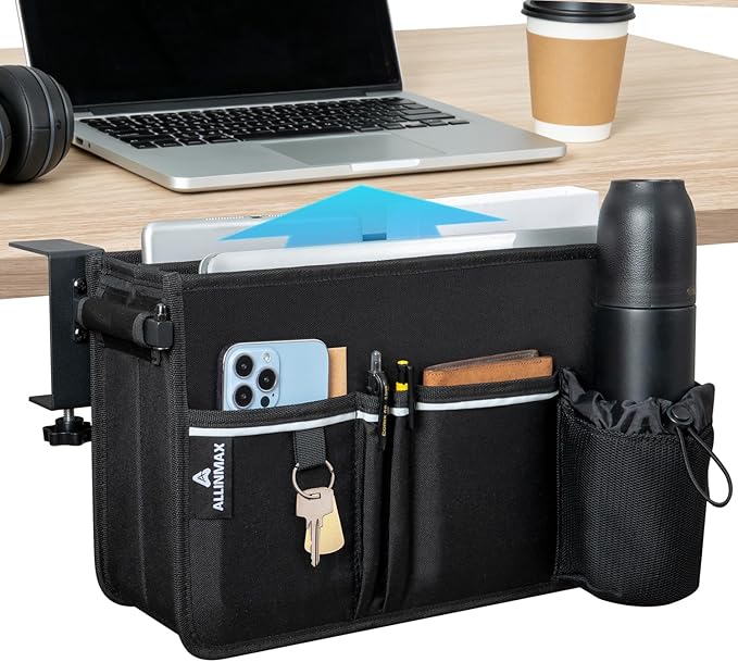 Side Desk Laptop Holder for Up to 3 Laptops, Side Desk Organizer with Adjustable Divider & Bottle Pocket, Soft-Lined Interior, Clamp Mount Side Desk Storage, Fits 0.6″-3.2″ Flat Edge