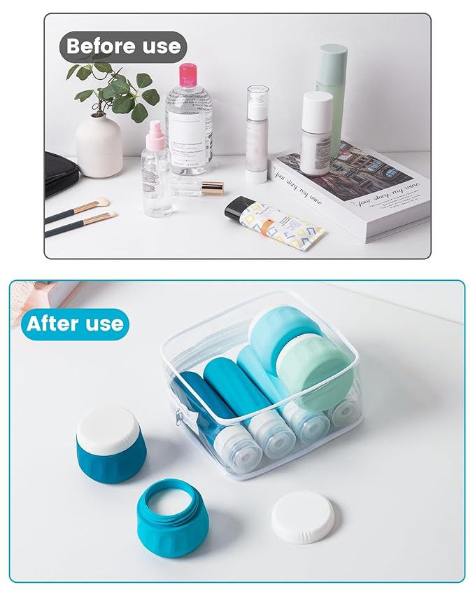 Mrsdry Travel Size Toiletries 8 Pack, TSA Approved 3oz Silicone Squeeze Bottles & Cream Jars with Clear Travel Bag