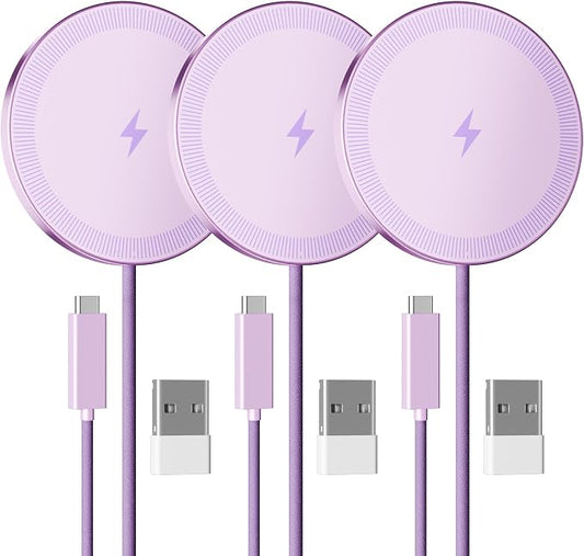 15W Wireless Charger for Apple MagSafe Charger, Magnetic Fast Charging Pad | Compatible for iPhone 17 16 15 14 13 12 Pro Max, AirPods-Slim Portable for Desk Bedside and Travel - 3 Pack, Light Violet