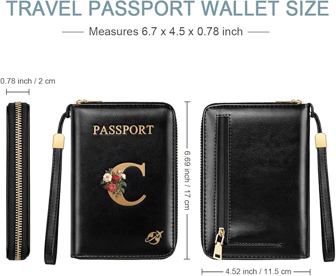 Passport Holder Cover Wallet with Zipper Personalized Initial Letter C Rose Flower RFID Blocking Travel Wallets Credit Cards Holder for Women, Gift for Wife and Girlfriend,C