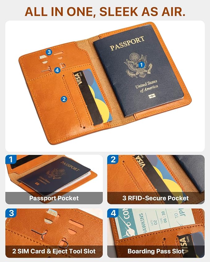 Passport Holder for Travel, Genuine Leather Passport Holder with AirTag Slot, RFID Passport Cover for Airport Essentials, Travel Wallet, Travel Must Haves Gifts