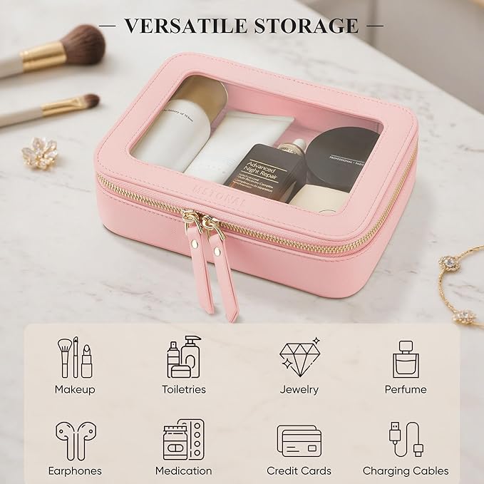Clear Makeup Bag, Travel Toiletry Bag Cosmetic Case for Women, Waterproof Portable Make Up Skincare Pouch with Zipper, Compact Car Organizer Bag for Essentials, Mini & Medium, Pink