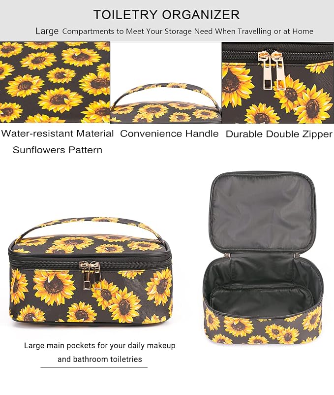 FITINI Sunflower Makeup Bag 3 Pack Travel Toiletry Bag Portable Cosmetic Pouch Organizer with Small Brush Holders Gold Zipper Waterproof Storage Case for Women and Girls