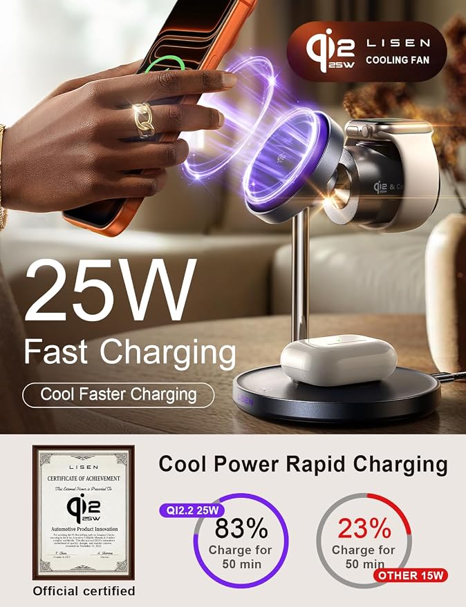 LISEN Qi2.2 25W 3-in-1 Charging Station for iPhone Device, Magsafe Charger Stand with Smart Cooling Fan, 25W Magsafe Wireless Charger for iPhone 17 16 15 14 13 12, Apple Watch, AirPods (with Adapter)