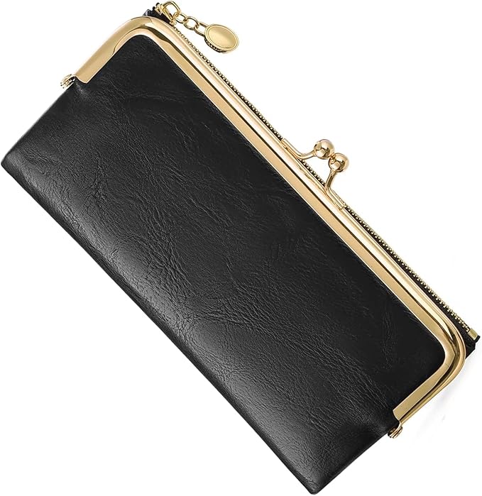 Vintage Wallets for Women Large Bifold Kiss Lock Wallet for Women Leather Zip Clutch Coin Purse