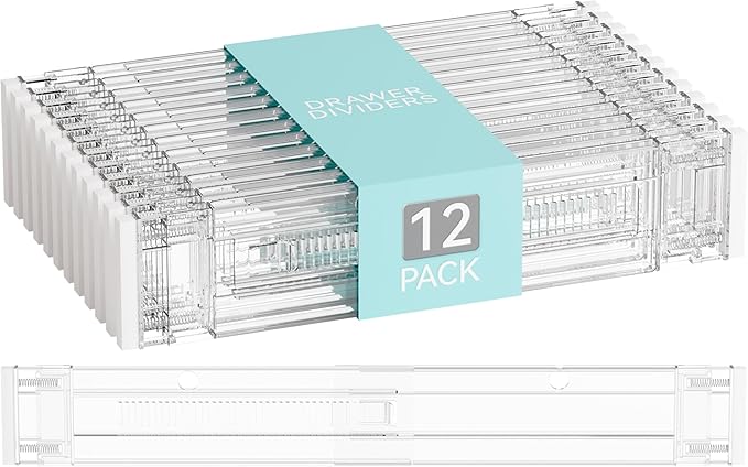 Yieach 12Pack 3.2 Inch Shallow Acrylic Drawer Dividers for Clothes -Expandable from 15-21''- Adjustable Drawer Dividers for Baby Clothing,Sock,Underwear,Clear in Drawer Separators for Dresser,Kitchen