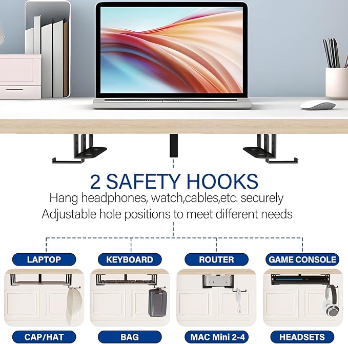 BYMECOST Under Desk Laptop Storage Mount with Hook, Metal Under Desk Device Holder, for Devices Up to 1.37" Thick, MacBook, Mini, Keyboard, Router, with Anti-Scratch Silicone (Black, 2.1" with Hook)