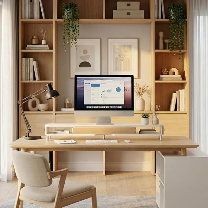 Fenge Monitor Stand with Large Drawer, 42.5 Inch Dual Monitor Riser for 2 Monitors, Ergonomic Computer Desk Shelf with Soft Touch Leather & Storage Organizer for Laptop, Computer, TV, PC, Printers
