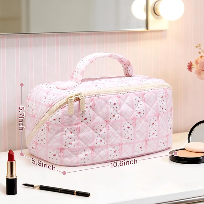 Large Pink Bow Floral Travel Makeup Bag Lay Flat Quilted for Women Airplane Essentials, Personalized Her 16th 18th 21st 25th 30th Birthday Gifts, Bride Teen Girls Cosmetics Skincare Brush Organizer