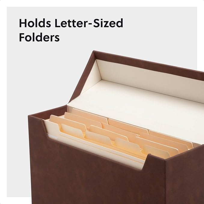 Smead Flip Top File Box, 10" x 3.7" x 13", Brown Vegan Leather, Gold Metal Nameplate (70234)