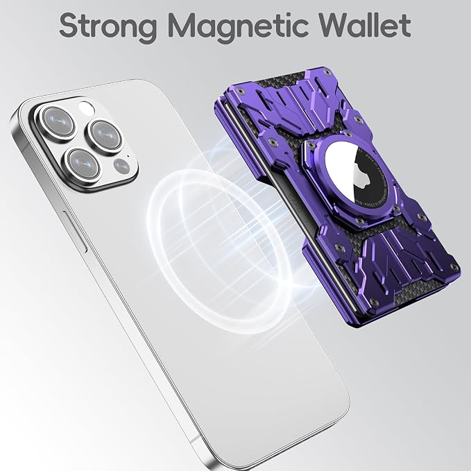 Minimalist Mens Wallet RFID Blocking - Slim Metal Wallet With Airtag Holder - Compact Credit Card Holder Mini Size, Metal, Carbon Fiber (Purple)