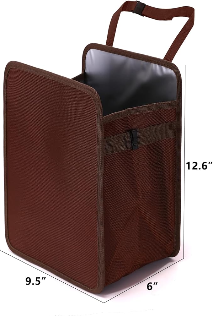Ginsco 3 Gallons Open-Top Car Trash Can, Large Capacity Hanging Car Trash Bag with Water-Proof PEVA Liner, Stand Car Trash Bag Foldable Car Storage Bag for Cars SUV Truck (Brown)