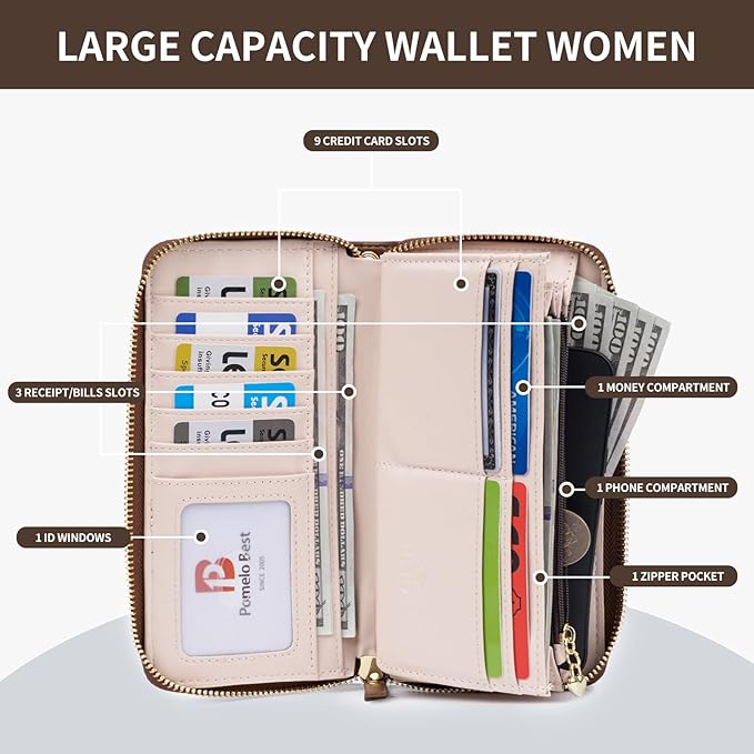 Pomelo Best Womens Wallet RFID Blocking Leather Multi Credit Card Large Capacity Wristlet Zip Around Long Wallets for Lady