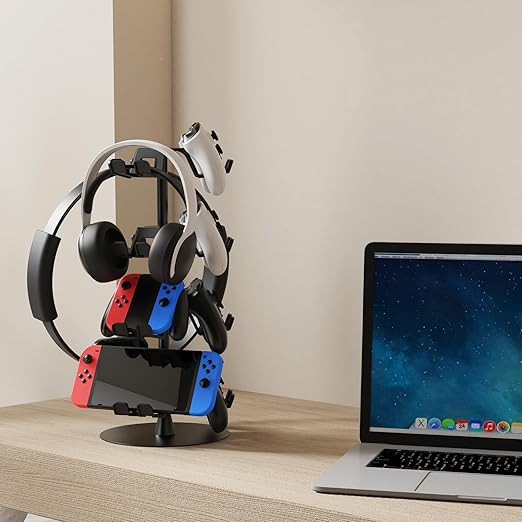Controller Holder Stand 4 Tiers for Desk, Aluminum Alloy Rotatable Gaming Headset Stand for PS5/PS4/Xbox/Switch2/PS Controller/Headphone Holder for 12 Packs Controller