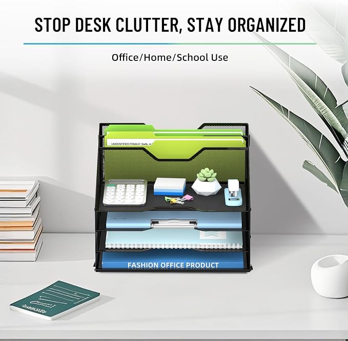 SUPEASY Desk File Organizer, Mesh Paper Tray Organizer with 4 Letter Trays and 2 Vertical File Holders, Desk Organizers and Accessories for Home Office, Black