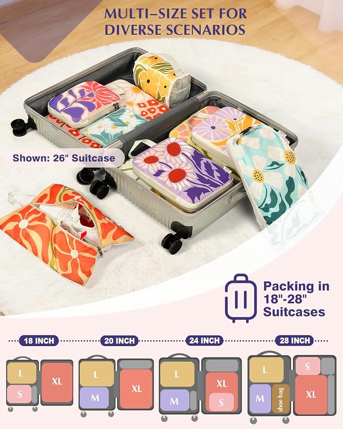 Gonex Compression Packing Cubes, 10pcs Expandable Storage Travel Luggage Bags Organizers with Hanging Toiletry Bag Laundry Bag Shoe Bag Accessories Bag, Travel Cubes for Suitcase Carry On (Flowers)