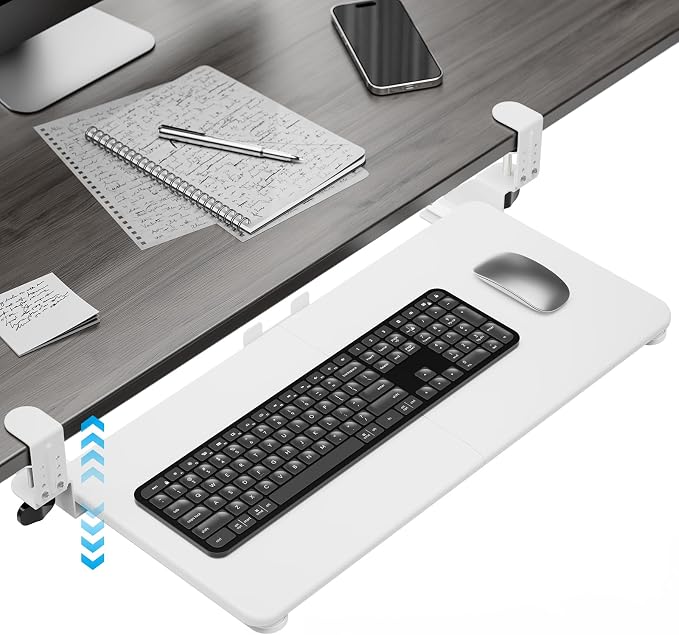Keyboard Tray Under Desk, Pull Out Keyboard & Mouse Tray with Adjustable C-clamp, 25.6(31.5 Including Clamps) x 11.8 Inch Slide Out Computer Keyboard Drawer Mouse Tray for Typing,White
