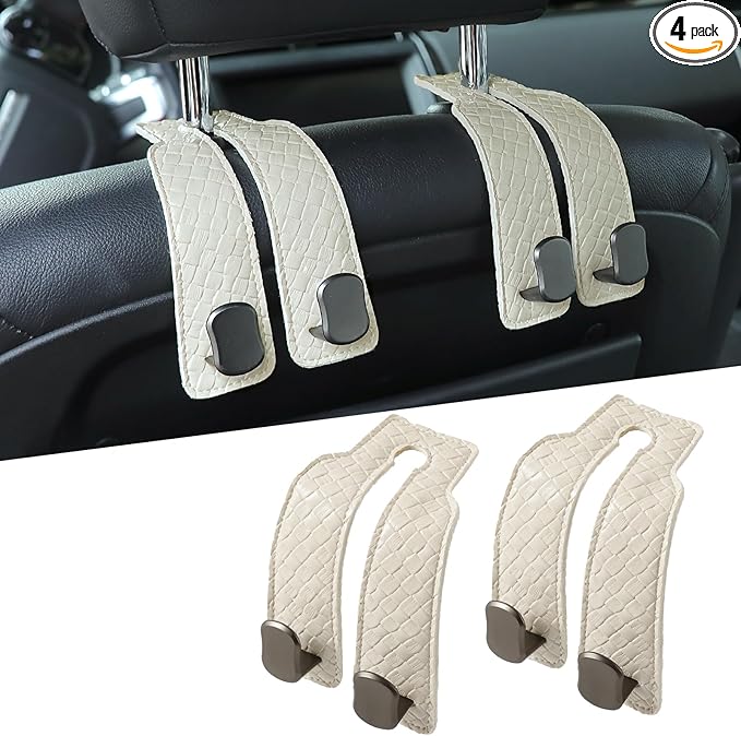 KINIVA Car Seat Headrest Storage Hooks, Set of 2, Suede PU Leather, Double Hooks (07-White)