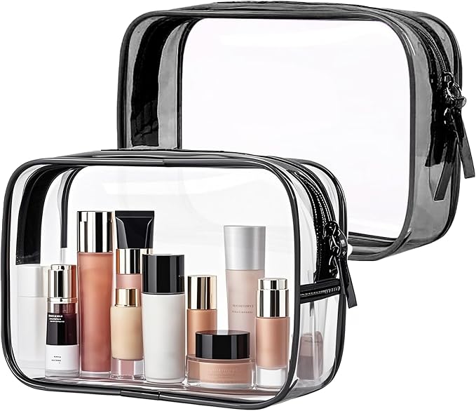 PLULON 2 Pack Travel Toiletry Bag, TSA Approved Toiletry Bag Clear Makeup Cosmetic Bag Quart Size Carry on Travel Accessories Portable Bags for Women Men - Black