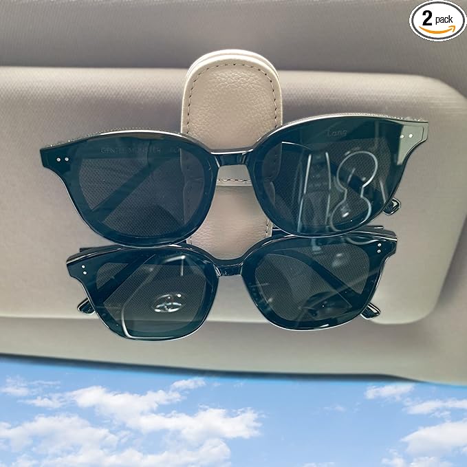 2 Pack Sunglass Holder for Car Visor Clip, Magnetic Leather Eyeglass Hanger Clip for Car, Square Car Visor Accessories (White)