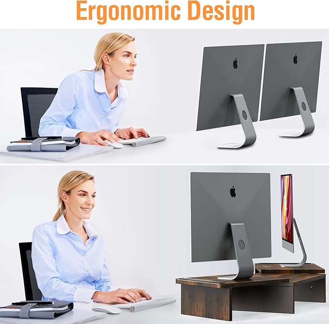 Dual Monitor Stand Riser, Laptop Computer Riser Adjustable Length and Angle, Desktop Wooden Stand 2 Tiers with Storage Organizer for Home Office(Brown)