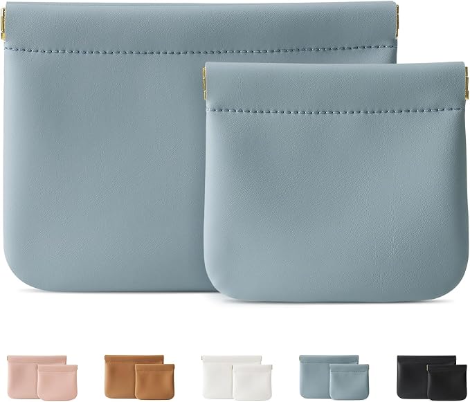 2 Pack Small Makeup Bag for Women, New Organosilicon Super Fiber PU Leather Mini Cosmetic Bag for Travel, Coin Purse Organizer Storage Pouch (No Phrase Printed, Blue)