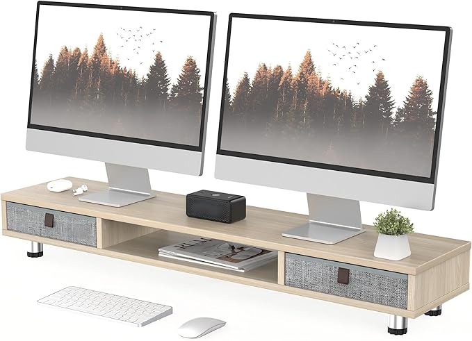 Fenge Monitor Stand, Dual Monitor Stand with 2 Drawers, Monitor Riser for 2 Monitors, Adjustable Height Computer Stand, Office Monitor Stands for Desk, Laptop, PC, TV, Printer