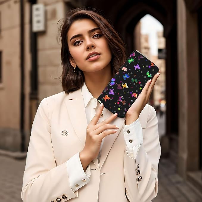 Starry Butterfly Wallet for Men Women Elegant Long Clutch Zip Around Travel Leather Coin Purse Large Capacity Credit Card Holder Handbag