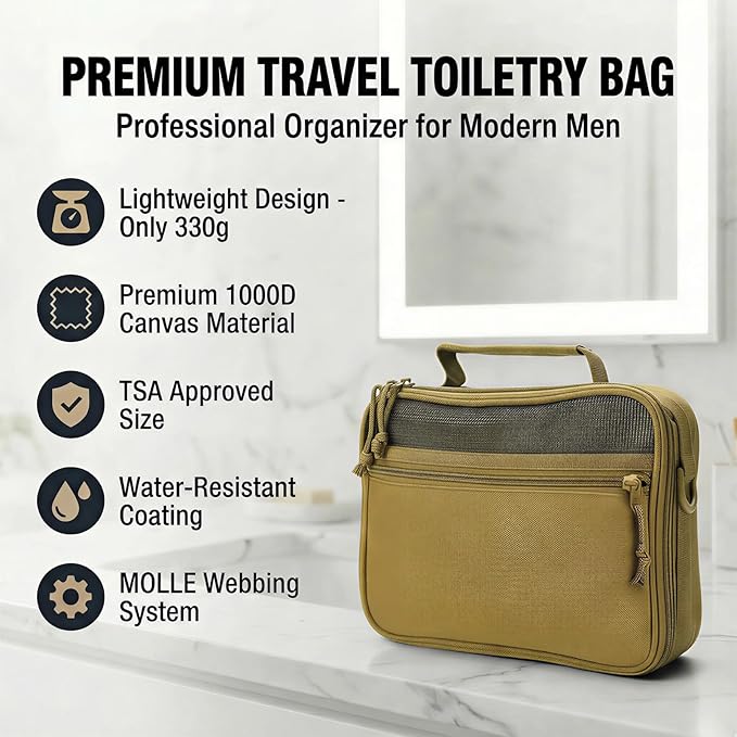 VELVEBAG ﻿Tactical Toiletry Bag for Men, Mens Toiletry Travel Bag, Hanging Dopp Kit Waterproof TravelShaving Hygiene Bag, Bathroom Multi-pocket Organizer, for Short Trips, Camping & Gym, No Molle