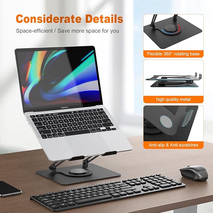 GRIFEMA Laptop Stand for Desk, Foldable Laptop Riser with 360° Swivel Base, Adjustable Height & Angle, Ventilated Computer Stand Compatible with MacBook Air/Pro, Dell, and 11-17.3" Laptops - Black